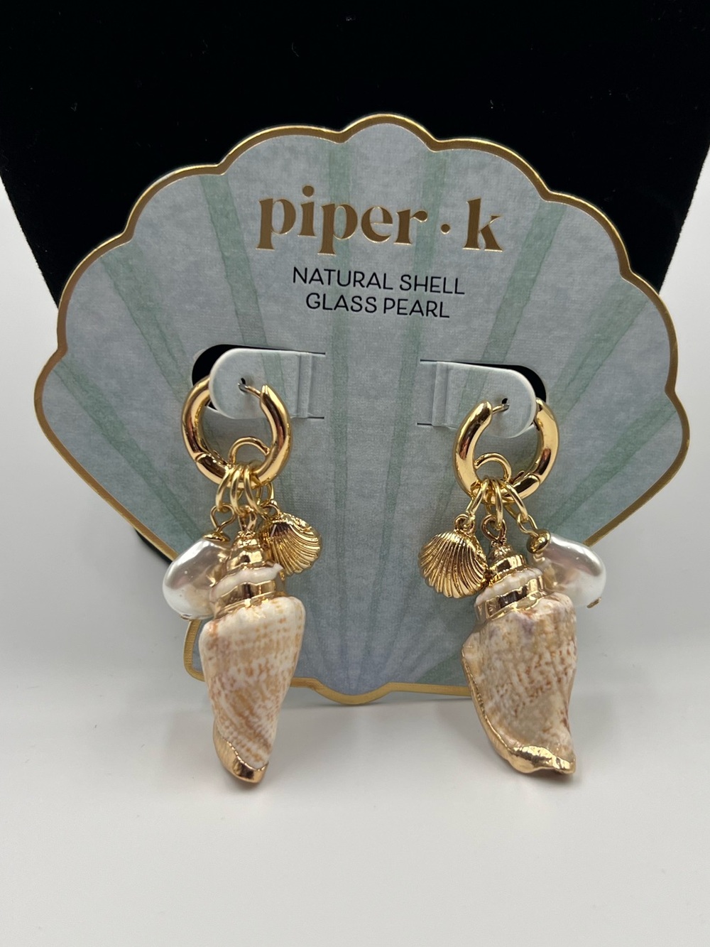 Piper K Natural Shell & Glass Pearl Gold Huggie Drop Earrings NWT